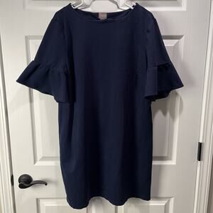 Chicos Shirt Dress Womens 3 Dark Blue Short Ruffle Sleeves Stretch Knee Length